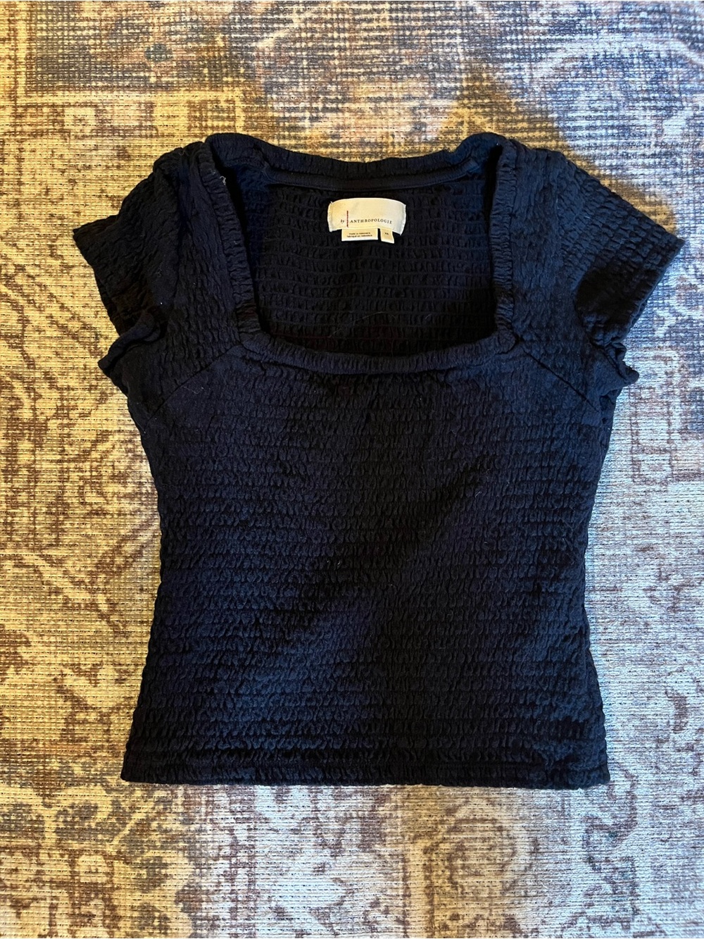 Anthropologie Black Smocked Square-Neck Short Sleeve Top